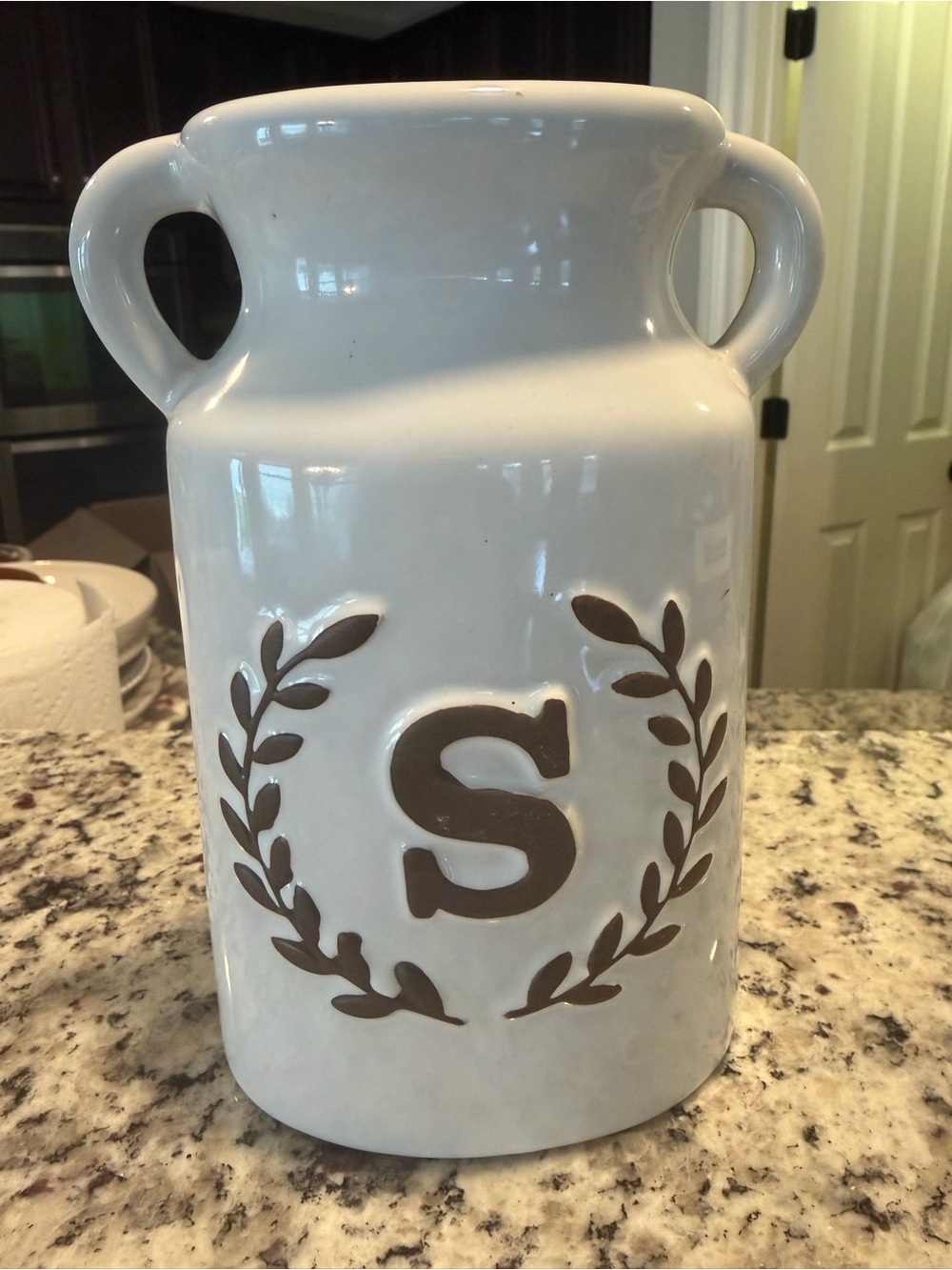 Kirklands White Ceramic Two-Handled Vase with Brown Monogram